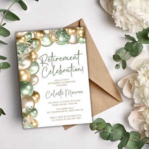 Ruhestands-Party Einladung für Frauen - Salbeigrün & Gold einladen - Bearbeitbare Canva-Vorlage - 130 x 200 bedruckbar oder Textnachricht - Elegante Einladung
