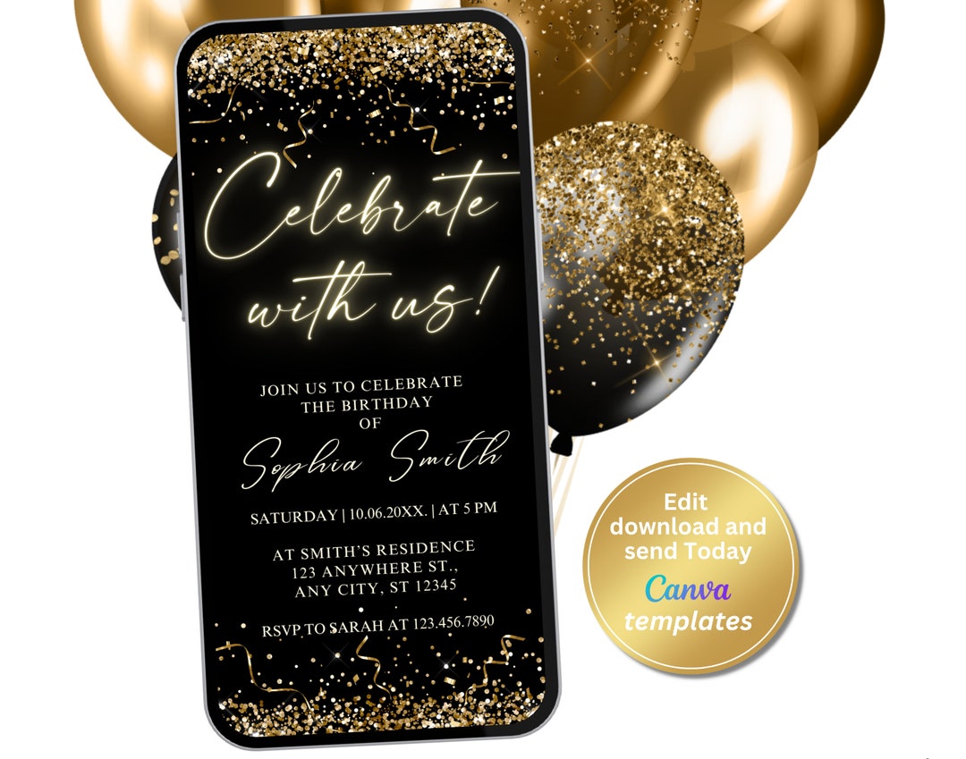 Digital Black Gold Birthday Party Invitation Celebrate With - Etsy