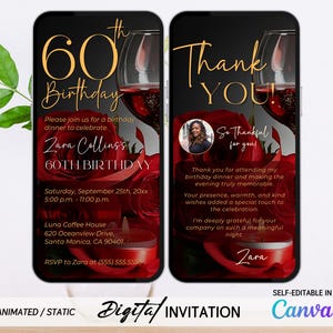 Animated 60th Birthday Invitation for Women – Elegant Red Rose & Wine Glass Digital Template – Editable Modern Dinner or Brunch Invite