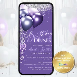 Digital Purple Silver Birthday Dinner Invitation, Purple Balloons, Phone Text Message Evite, Editable Template, Instant Download