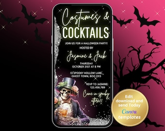 May include: A digital invitation for a Halloween party with the text "Costumes & Cocktails" in neon yellow. The invitation features a skeleton wearing a top hat and holding a glass of liquid. The background is a glittery silver and black with a pink and black tree silhouette.