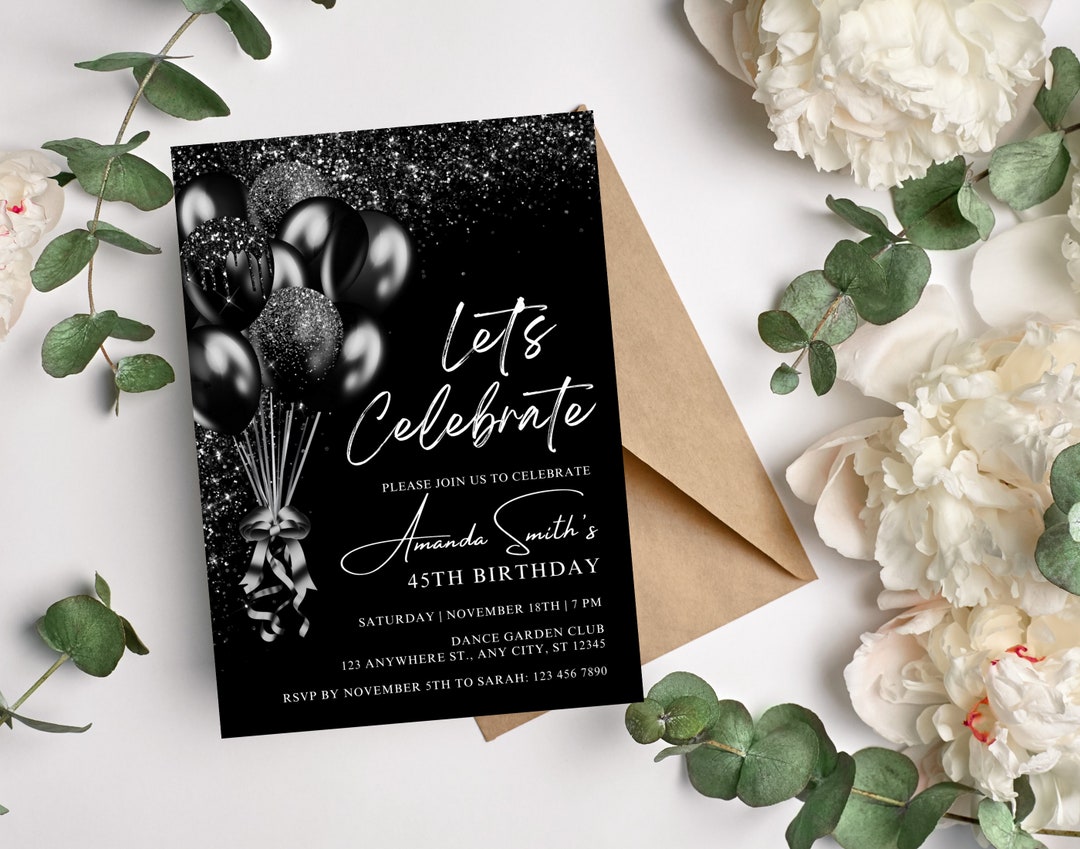 Editable Black Birthday Party Invitation, Black Glitter Balloons ...
