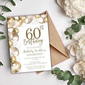 60th Birthday Invitation for Women – White Gold Invite – Editable Canva Template – 5x7 Printable or Text Message – Any Age - Birthday Dinner