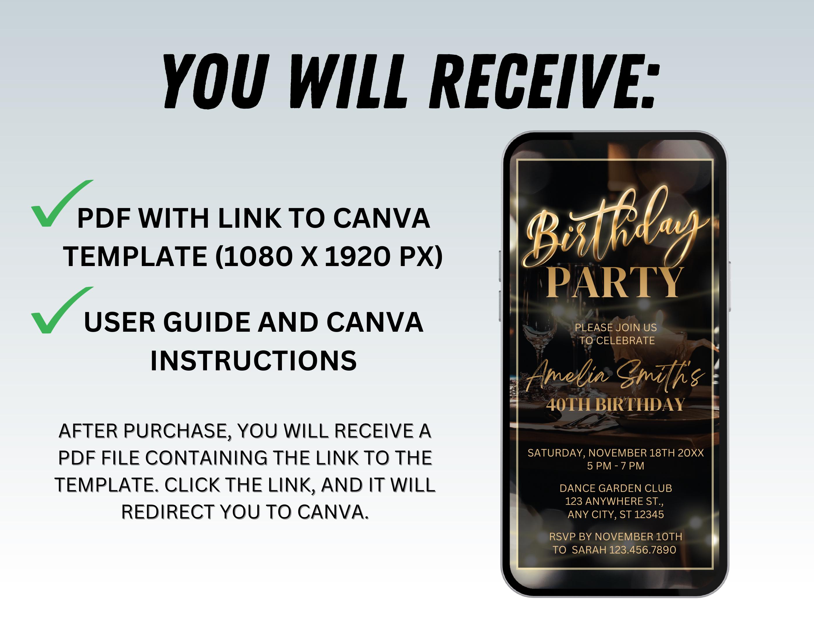 Editable Black Gold Birthday Party Invite, Invitation Template, Digital ...