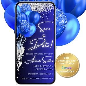 Invito digitale blu argento Save The Date, invito tramite messaggio di testo telefonico, modello modificabile, download immediato