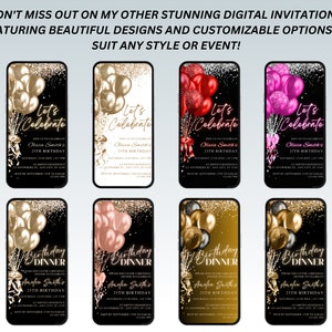 May include: Eight digital invitations for a birthday party. The invitations feature a black background with gold confetti and balloons. The text on the invitations reads "Let's Celebrate" and "Birthday Dinner".