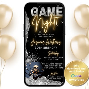 Invitación editable a la noche de juegos - Invitación de cumpleaños moderna para diversión familiar - Invitación a la noche de juegos moderna para adultos