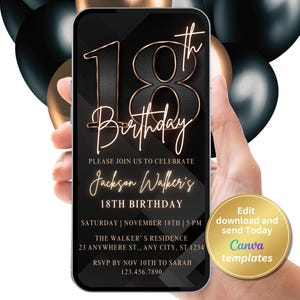 Faire-part de fête d'anniversaire 18e, Invitation de nombres en or noir, pour homme, Faire-part numérique, Modèle modifiable, Téléchargement immédiat