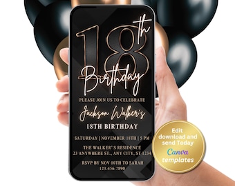 18th Birthday Party Invitation, Black Gold Number Invite, For Men, Digital Invite, Editable Template, Instant Download