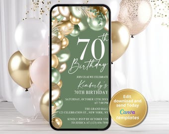 Sage Green and Gold 70th Birthday Invitation for Women –70th Birthday Dinner Party Invite – Editable Template for Any Age – Instant Download