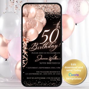 Digital 50th Birthday Party Invitation, Rose Gold Glitter Balloons, Women&#39;s Invitation, Editable for Any Age, Instant Download