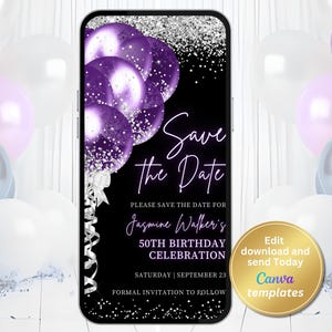 Cyfrowe czarno-fioletowe zaproszenie Save The Date, fioletowe srebrne brokatowe balony, wiadomość tekstowa, edytowalny szablon, natychmiastowe pobranie