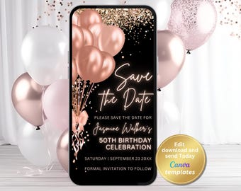 Rose Gold Save the Date Invitation, Digital Birthday Invite for Women, Editable Template for Any Age Birthday, Retirement, Girls Night Party