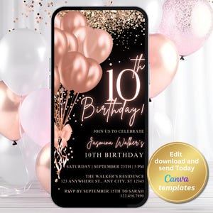 Digitale Einladung zur 10. Geburtstag, schwarzes Roségold, Teen Geburtstag für Mädchen, Telefon-Textnachricht Evite, bearbeitbare Vorlage