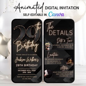 Animated 29th Birthday Video Invitation for Men, Editable Digital Invitation, Birthday Invite for Men, Digital 29th Invite, Animated invite