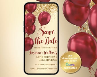 Editable Save the Date Invitation Template, Digital Gold and Red Invite, Birthday Party Evite