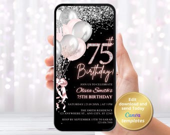 Digital 75th Birthday Invitation, Birthday Dinner, Editable Phone Template, Instant Download