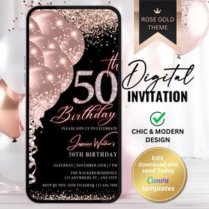 Könnte beinhalten: Eine digitale Einladung zum 50. Geburtstag mit einem Roségold-Thema und Ballons auf schwarzem Hintergrund. Das Design enthält den Text "Digital Invitation", "Chic & Modern Design" und "Canva templates".