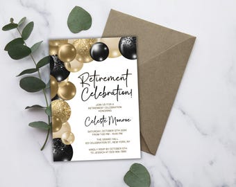 Black and Gold Retirement Party Invitation Template, Modern Balloon Retirement Celebration Invite, Editable Digital 5x7 Printable Template