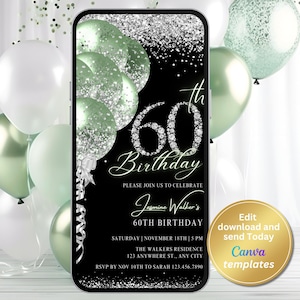 Faire-part de fête numérique 60e anniversaire, ballons vert sauge, chiffres losanges argentés, faire-part numérique, modèle modifiable, téléchargement immédiat