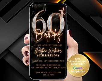 Einladung zum 60. Geburtstag, Schwarz-Goldene Geburtstagseinladung, Bearbeitbare Canva-Vorlage, SMS-Einladung, Digitale Partyeinladung, Sofort-Download