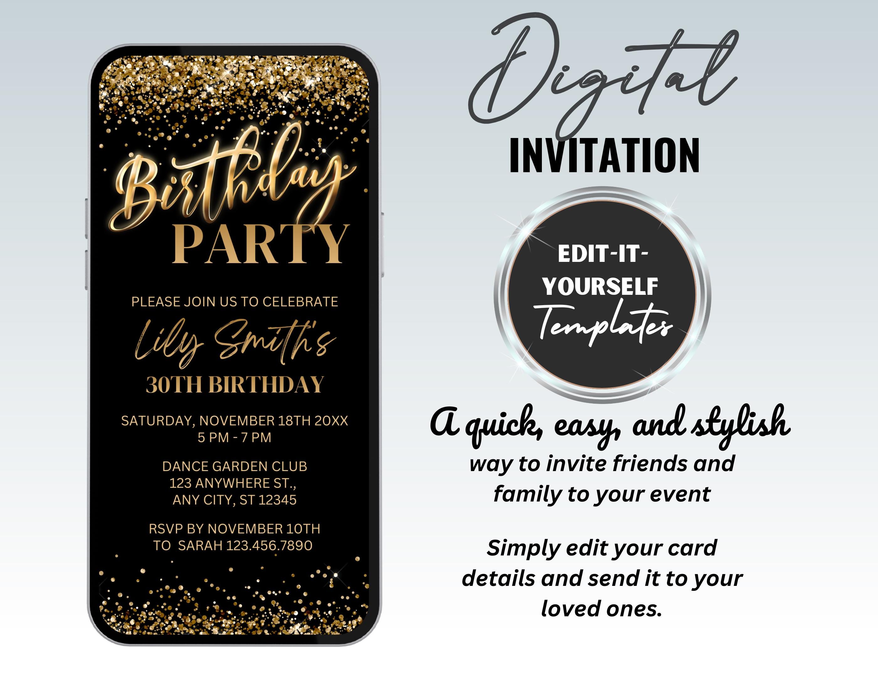 Black Gold Glitter Birthday Party Invitation Template, Digital Invite ...