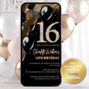 Black Gold 16th Birthday Invitation, Digital Sixteenth Birthday Invite, Gold Glitter & Diamond Numbers, Editable Template, Instant Download
