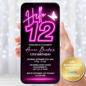 Neon Pink 12th Birthday Invitation with Butterfly – Editable Tween Girl Digital Phone Invite – Sleepover or Girls Night Party Template