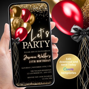 Invito digitale per la festa di compleanno in oro rosso, invito per compleanno di donne, invito per tutte le età, invito a forma di diamante, modello modificabile, download immediato