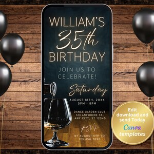 Editable Men&#39;s 35th Birthday Party Invitation - Whiskey Theme - Instant Download, Editable for Any Age