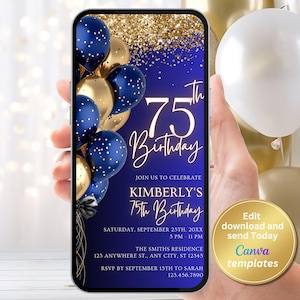Invitación digital para fiesta de cumpleaños número 75: elegante plantilla en azul real y dorado: invitación editable para cumpleaños importante: descarga instantánea