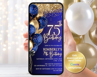 Digital 75th Birthday Party Invitation - Elegant Royal Blue and Gold Template - Editable Milestone Birthday Invite - Instant Download
