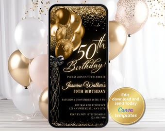Invitación digital de 50 cumpleaños para mujer, fiesta de cumpleaños en negro y dorado, plantilla editable, descarga instantánea