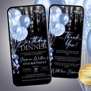 Elegante invitación digital para cena de cumpleaños y tarjeta de agradecimiento en azul y plata para mujeres, invitación digital para fiesta de cumpleaños, plantilla editable