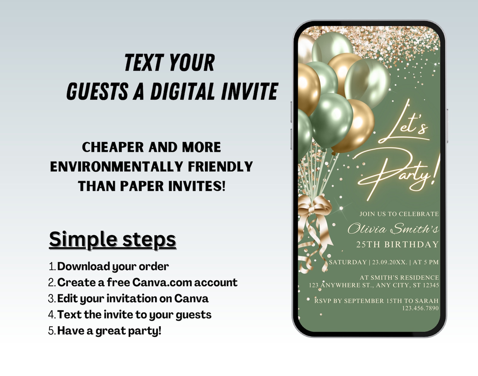 Digital Sage Green Birthday Party Invitation, Sage Green Gold, Editable