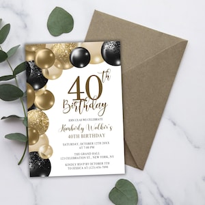 Invito per il 40° compleanno, modello modificabile 5x7 nero e oro, invito stampabile o digitale - Cena di compleanno - Qualsiasi età - Download immediato