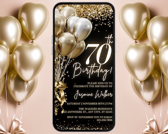 70th Birthday Invitation, Elegant Black & Gold Template (Digital Download)