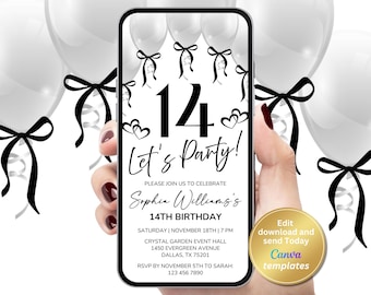 White Balloons 14th Birthday Invitation for Girls – Digital Phone Invite with Black Bows – Editable Party Template, Instant Download