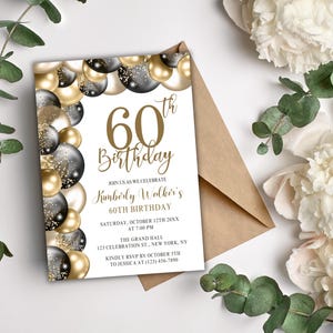 60th Birthday Invitation for Women – Black and Gold Party Invite – Editable Canva Template – 5x7 Printable or Text Message – Birthday Dinner