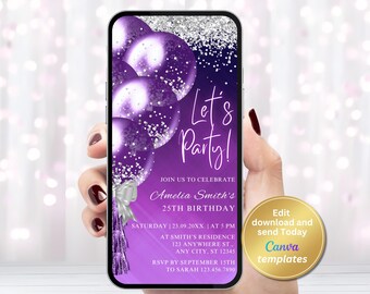 Purple Birthday Party Invitation – Editable Phone Evite (Digital Download)