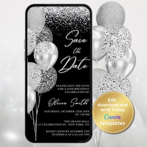 Digital Black Silver Save The Date Invitation, Birthday Invitation Template, Gold Glitter Balloons, Instant Download, Phone Evite, Phone SMS