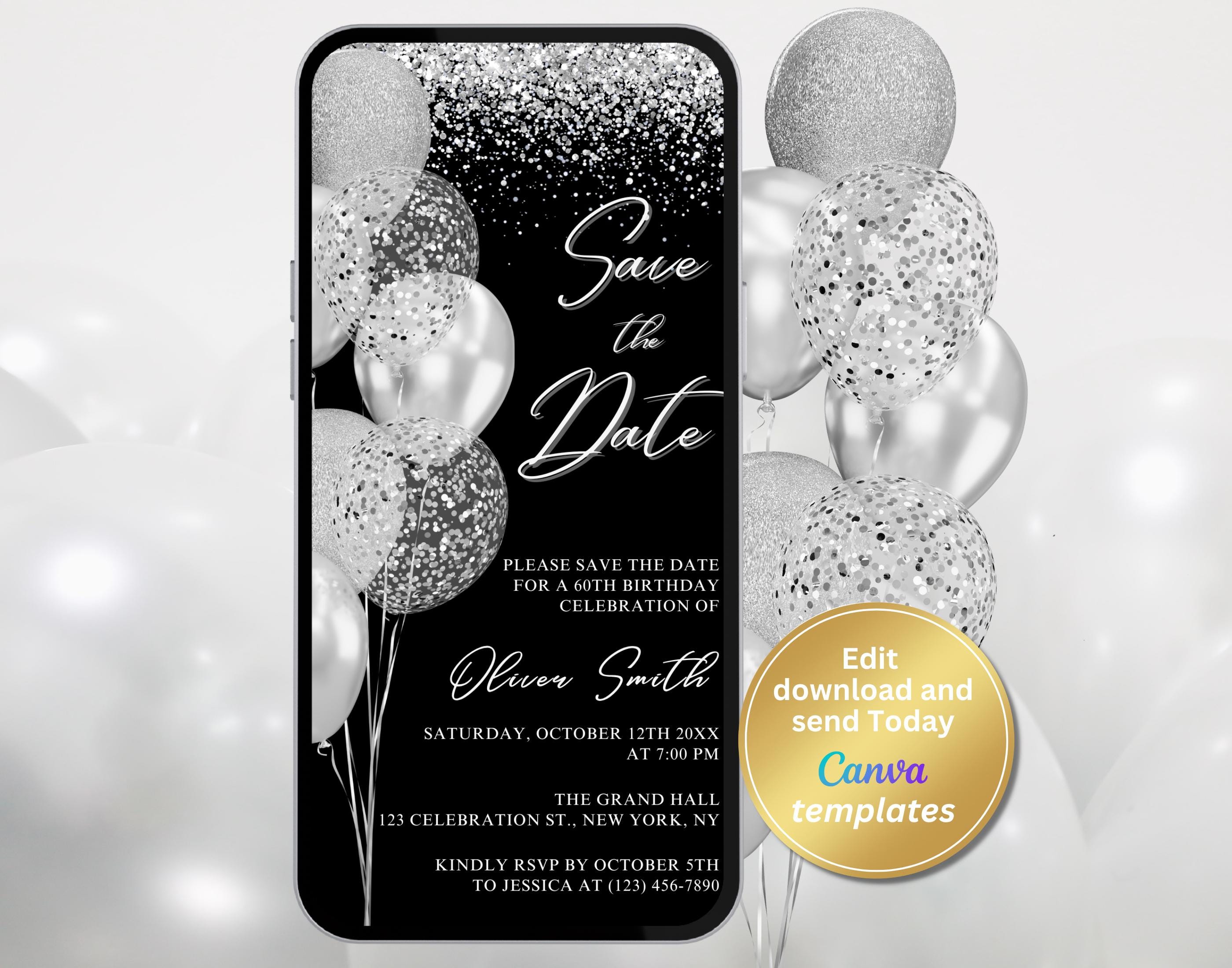 Digital Black Silver Save The Date Invitation, Birthday Invitation Template, Gold Glitter Balloons, Instant Download, Phone Evite, Phone SMS
