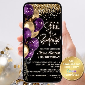 Digital Surprise Party Invitation, Shhh it&#39;s a Surprise, Black Purple and Gold Invite, Birthday Invitation, Instant Download Template