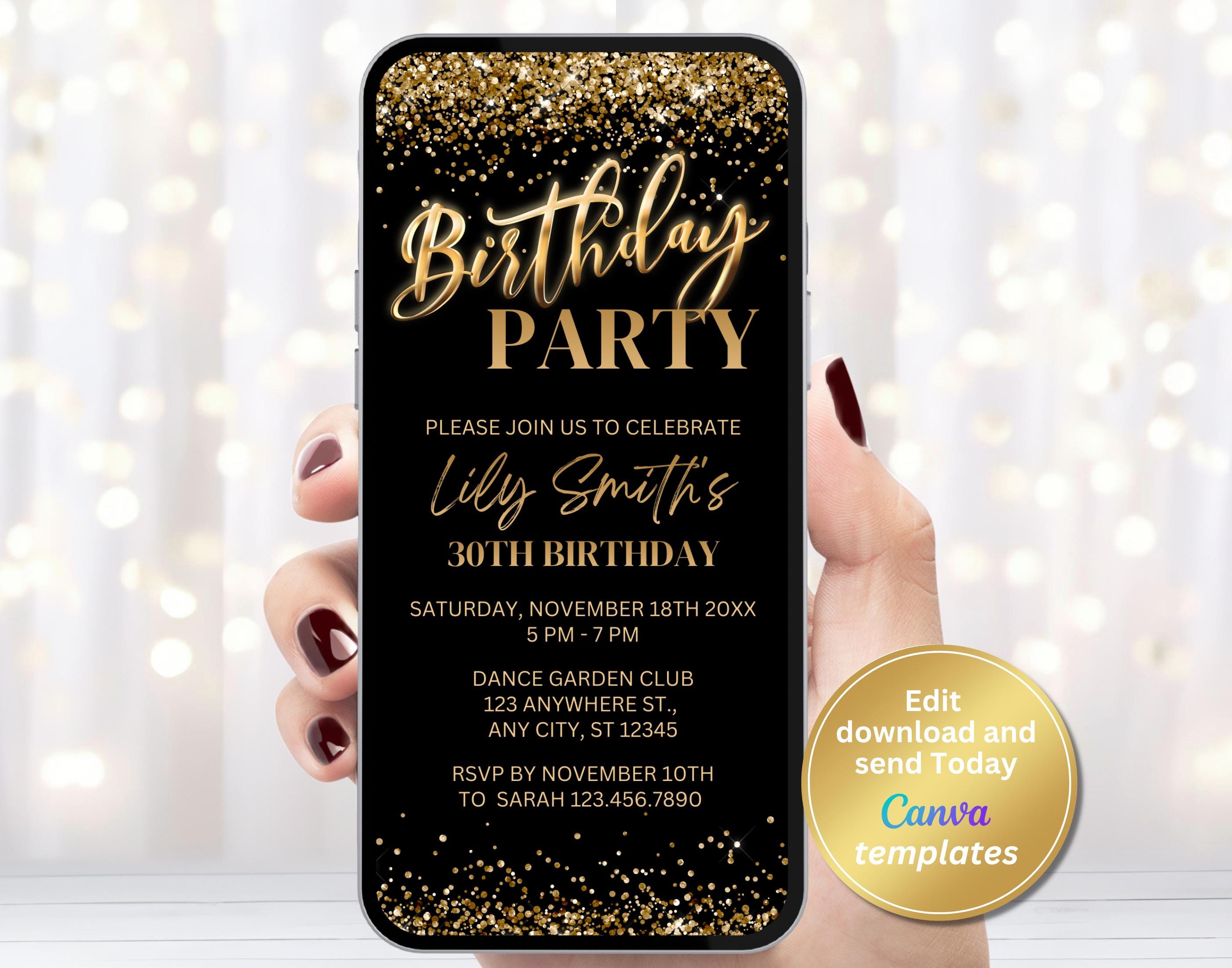 Black Gold Glitter Birthday Party Invitation Template, Digital Invite ...