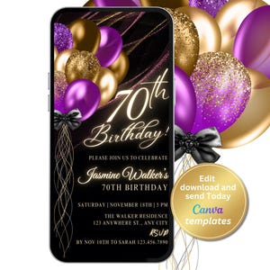 Digital Purple Gold 70. Geburtstagseinladung, Frauengeburtstag, Telefon-Textnachricht, digitale Einladung, bearbeitbare Vorlage, Sofort-Download