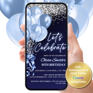 Blue Silver Glitter Balloons Birthday Party Invitation - Digital Template for Women or Men, Any Age Editable, Instant Download