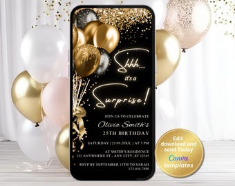 Black & Gold Surprise Birthday Invitation – Editable Phone Evite (Digital Download)