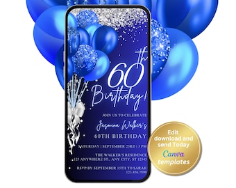 Digital 60th Birthday Party Invitation, Royal Blue, Silver, Phone Text Message Evite, Editable Template, Instant Download