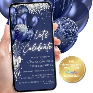 Digital Navy Silver Birthday Party Invitation, Navy Blue, Phone Text Message Evite, Editable Template, Instant Download