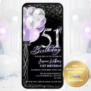 Digital 51st Birthday Party Invitation for Women, Birthday Silver Diamond Numbers, Black Purple Invite, Editable Template, Instant Download